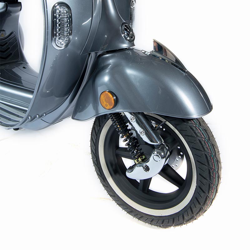 e-ros365 Scooter / Roller grau Federgabel- und Felgen-Detail – E-LEVEN Mobility Solutions
