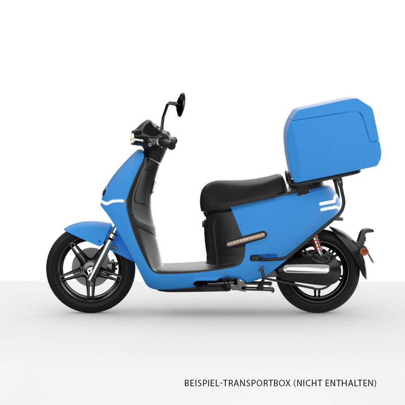HORWIN EK1 DS+ Mittelblau mit Beispiel-Transport-Box seitlich – E-LEVEN Mobility